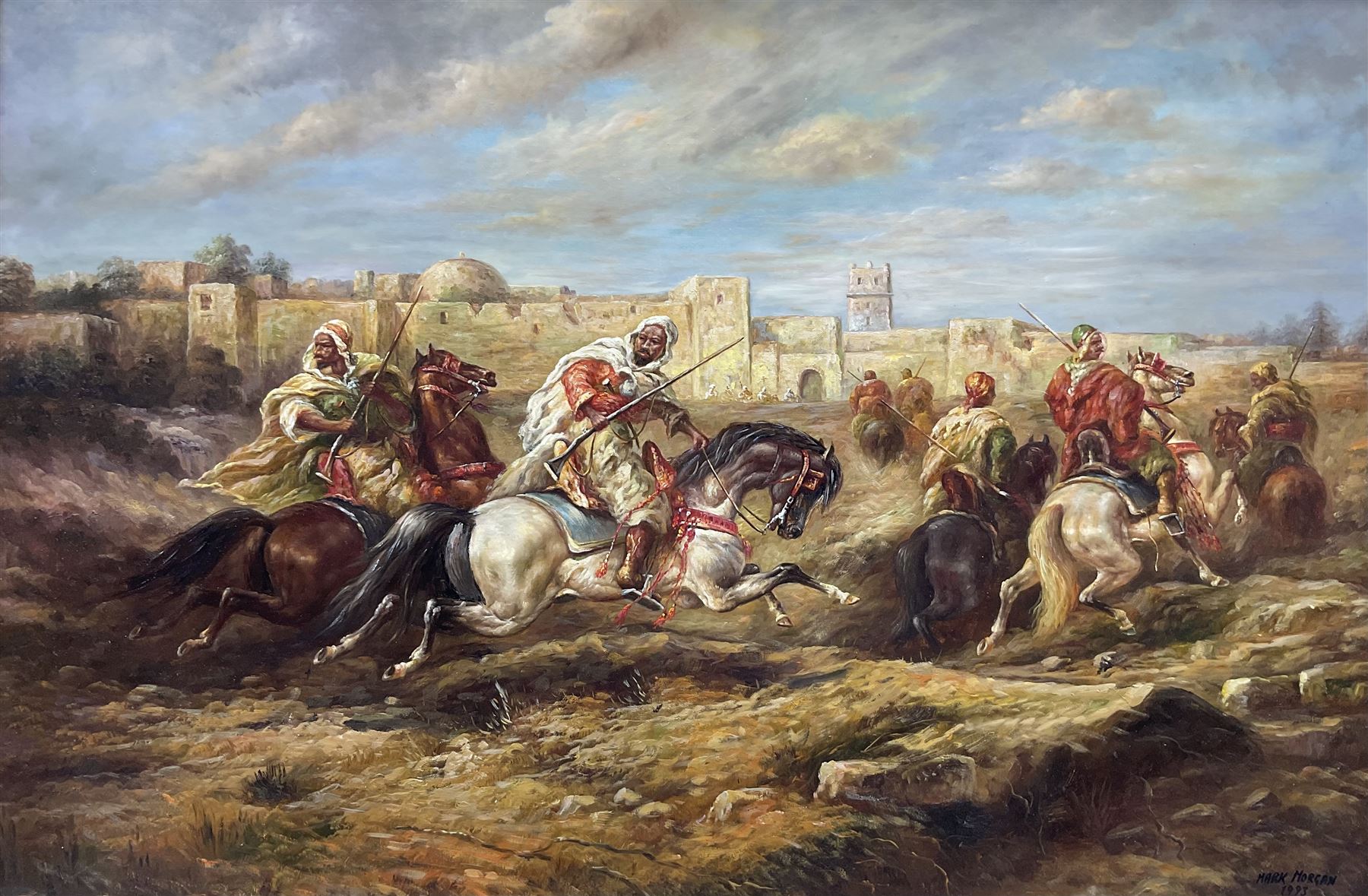 Mark Morgan (20th century): A Hasty Retreat, oil on canvas laid on to board signed and dated 1993, 60cm x 90cm