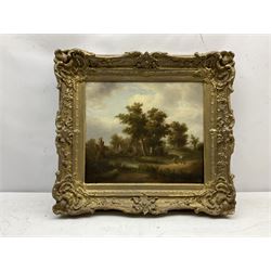 Norwich School (Early 19th century): Wooded Landscape with Cottages and Figures, oil on canvas unsigned 30cm x 34cm