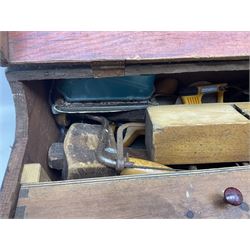 Large wooden tool box and carpenters tools, to include tenon and panel saws, box plane, mallet, chisels etc