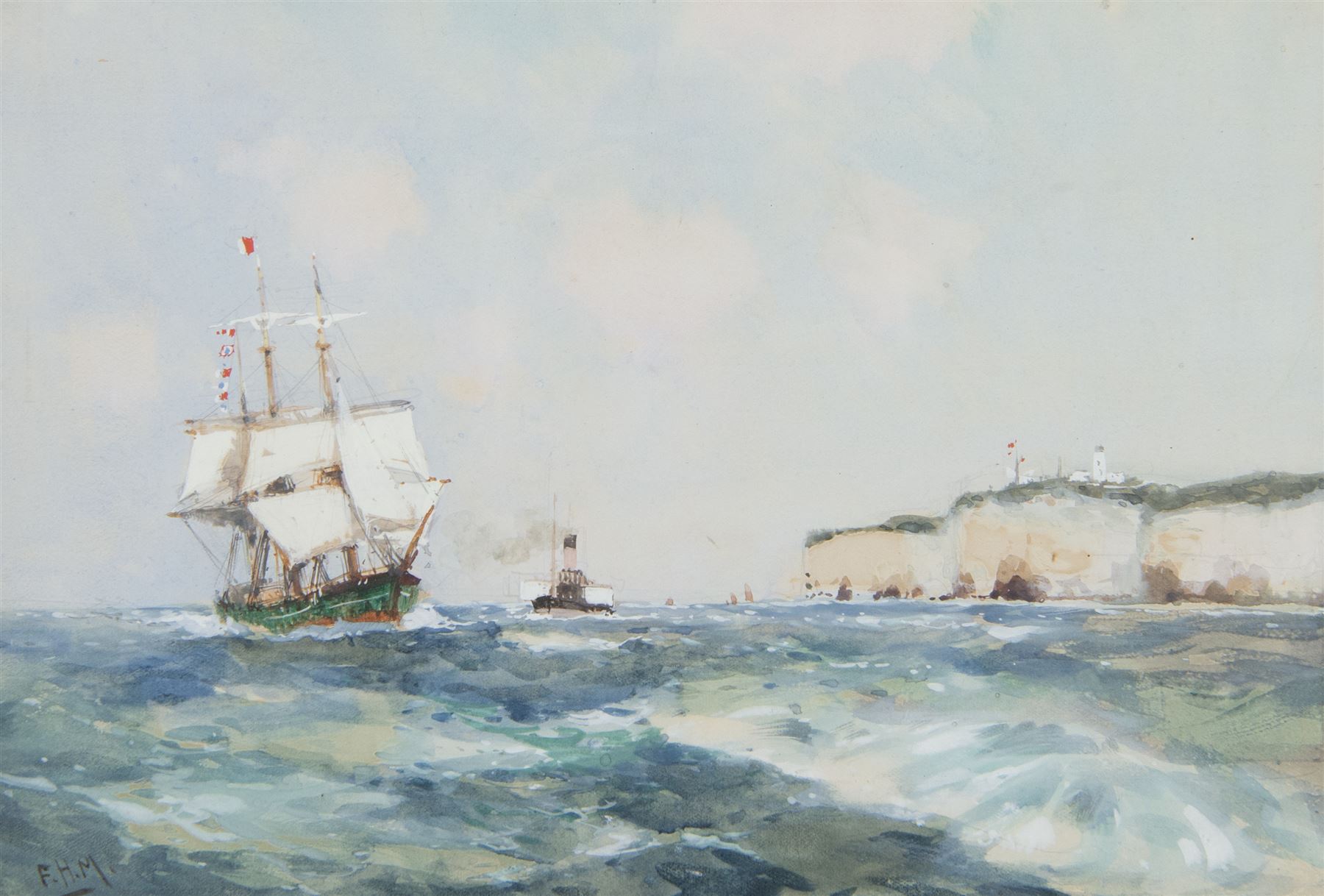 Frank Henry Mason (Staithes Group 1875-1965): Three Masted Sailing Vessel and Paddle Steamer off Flamborough, watercolour heightened in white signed with initials 18cm x 27cm