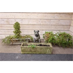  Composite stone rectangular basket weave planter, another with Yorkshire Rose detail and another with reeded decoration, W95cm max and a composite model of a seated Staffordshire Terrier, H62cm (4)   