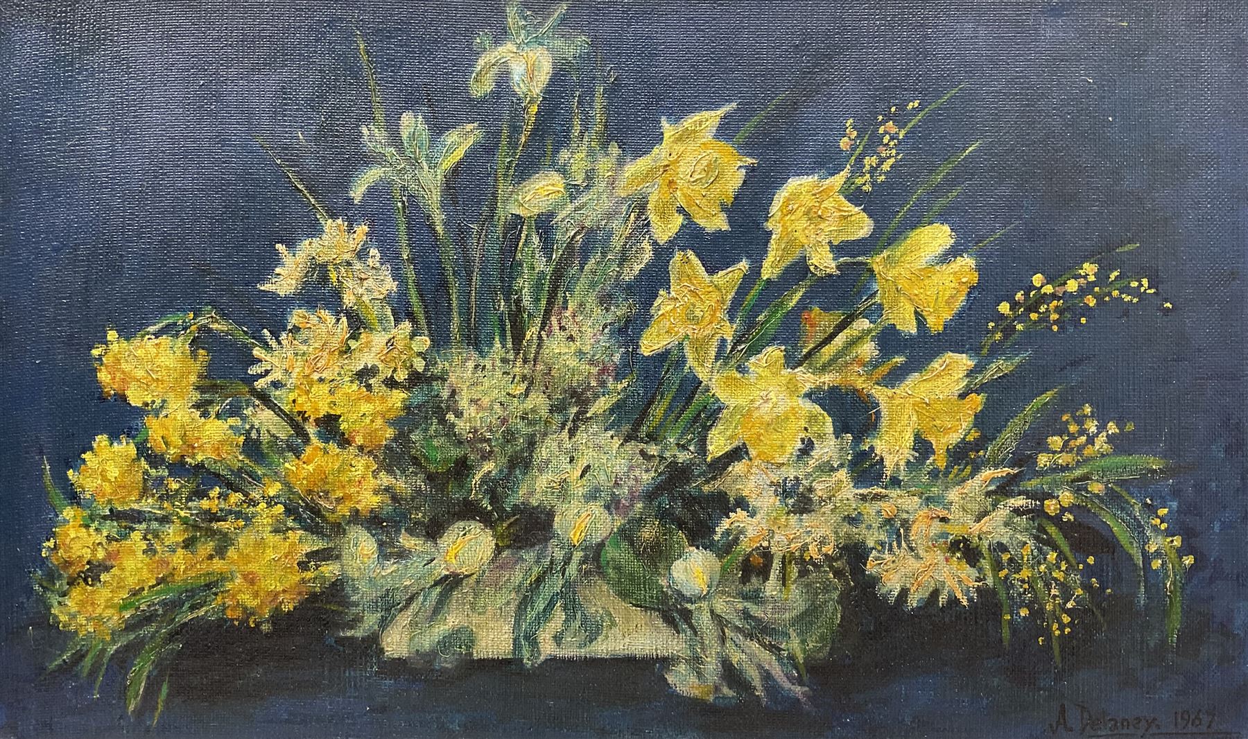 Arthur Delaney (British 1927-1987): 'Daffodils', oil on board signed and dated 1967, titled verso 40cm x 66cm