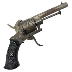 19th century Belgian 7mm pin-fire six-shot revolver with engraved action, folding trigger and ornate grips, ELG proof marks, No.4562 L20cm