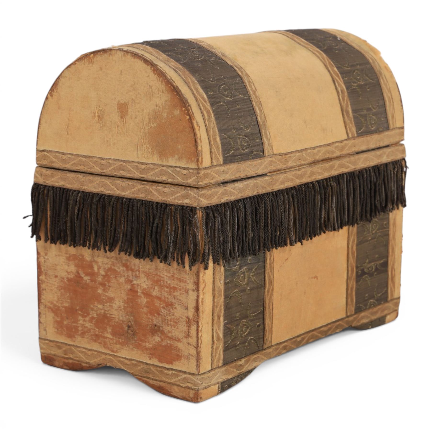 Late 18th heraldic dome-topped casket,  with embroidered covering and silver bullion trim, H26cm, L30cm 
