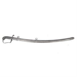 British Georgian 1796 pattern light calvary officers' scabre, the 76cm curved single edge blade etched to both sides, the stirrup steel hilt with shield langets, dove head pommel and backstrap, within steel scabbard with twin suspension rings, overall L92cm   