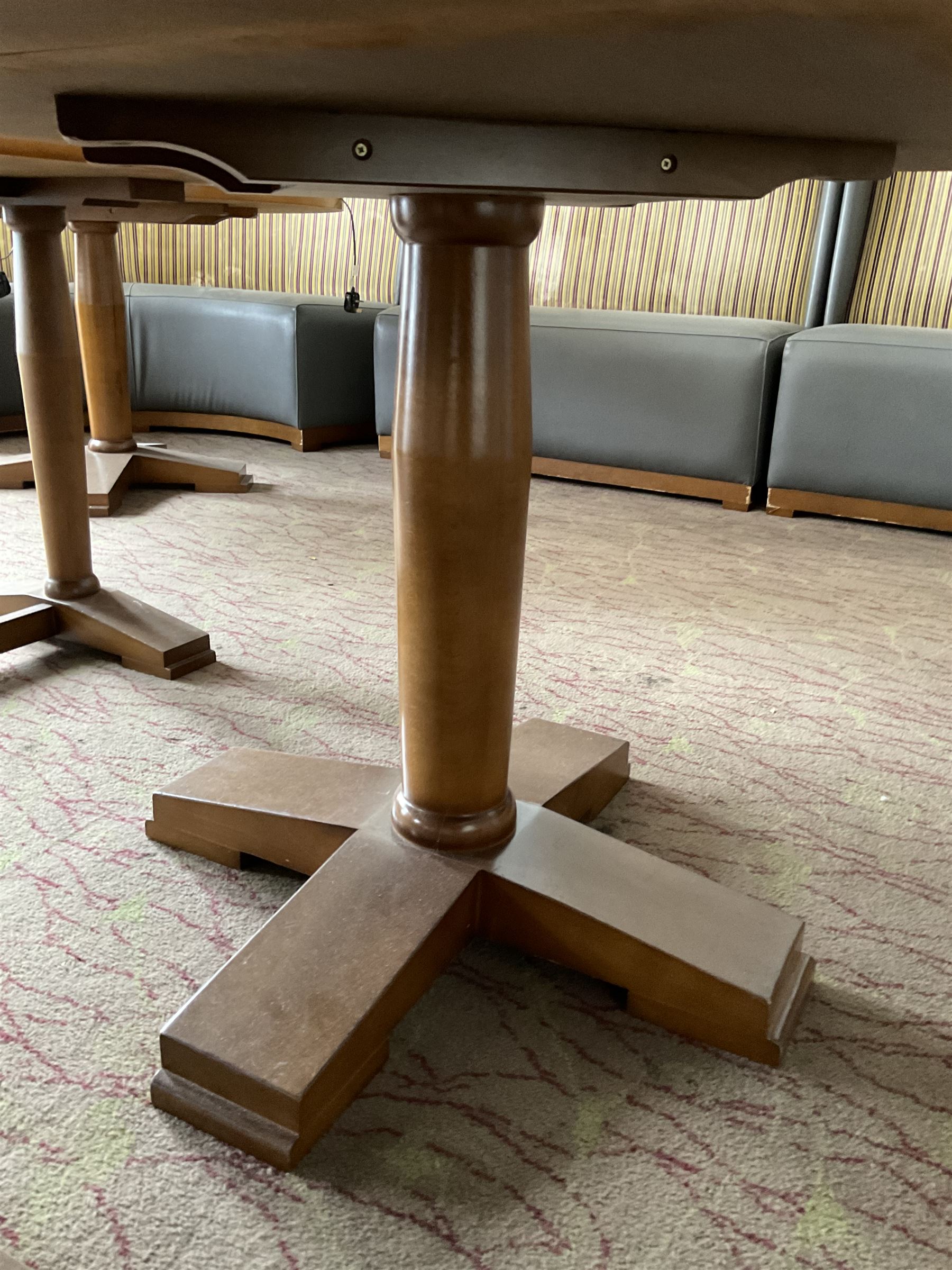 Four square walnut finish dining tables - LOT SUBJECT TO VAT ON THE HAMMER PRICE - To be collected by appointment from The Ambassador Hotel, 36-38 Esplanade, Scarborough YO11 2AY. ALL GOODS MUST BE REMOVED BY WEDNESDAY 15TH JUNE.
