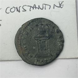 Three House of Constantine bronze coins to include Constantine the Great URBS ROMA; Crispus (AD 317-326) and Constantine II (AD 337-340), both PLON London mint, with small group of Roman etc metal detecting find coins (17) 