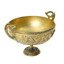 Christofle 'Tresor d'Hildesheim' facsimile gilt metal two handled cup decorated with masks, leaves etc H13cm and a bowl from the same collection with two handles and a raised pattern of leaves on a pedestal foot D19cm (2) 