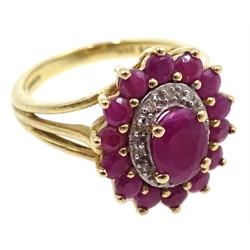  9ct gold ruby and diamond cluster ring, hallmarked   