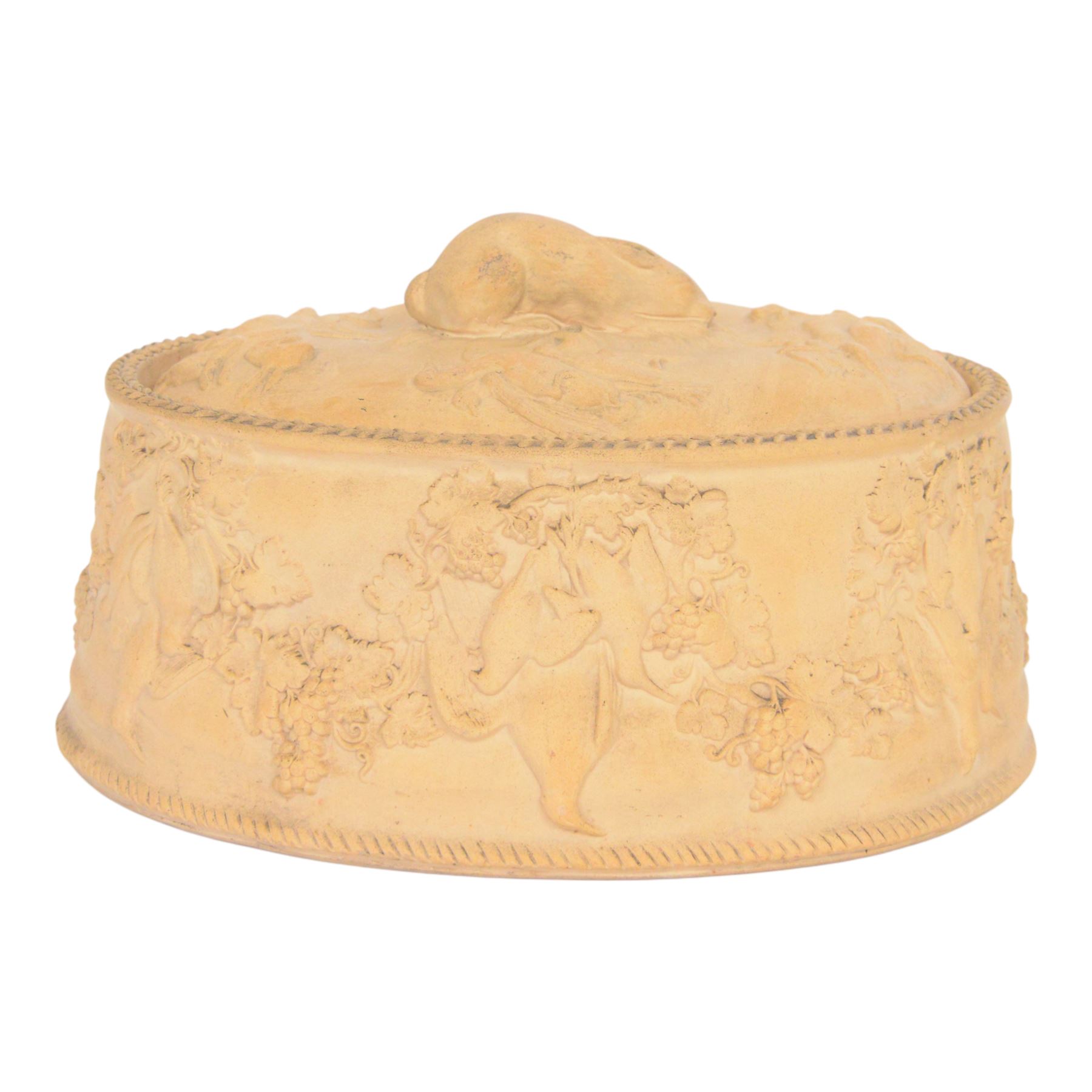 Wedgwood caneware game tureen, the cover with rabbit handle surrounded by country animals, repeating moulded leaf rim, the external sides decorated in light relief with dead game among vines, impressed marks to base, W26.5cm 