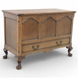 Early 20th century oak mule chest, hinged top with base drawer, on cabriole feet