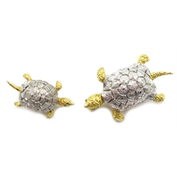  Yellow and white gold turtle brooch and a smaller one, both hallmarked 18ct  