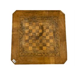 19th century walnut and marquetry games table, inlaid with chessboard with Tunbridge Ware type decoration, turned pedestal with three splayed supports