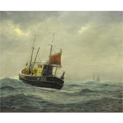  Jack Rigg (British 1927-): Hull Drifter H120 at Sea, oil on canvas signed, signed and dated 1970 verso 45cm x 54cm  DDS - Artist's resale rights may apply to this lot    