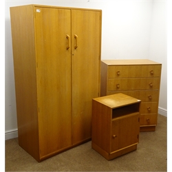  G-Plan light oak double wardrobe, two doors enclosing fitted interior, plinth base (W92cm, H168cm, D54cm) a matching five chest, five drawers (W76cm, H100cm, D46cm) and bedside cabinet with single cupboard (W46cm, H65cm, D36cm) (3)  