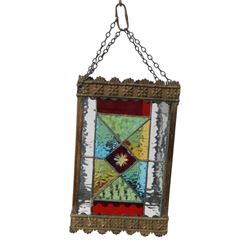 Edwardian metal framed hanging hall lantern, of rectangular form, with leaded stained and clear glass panels, H28cm