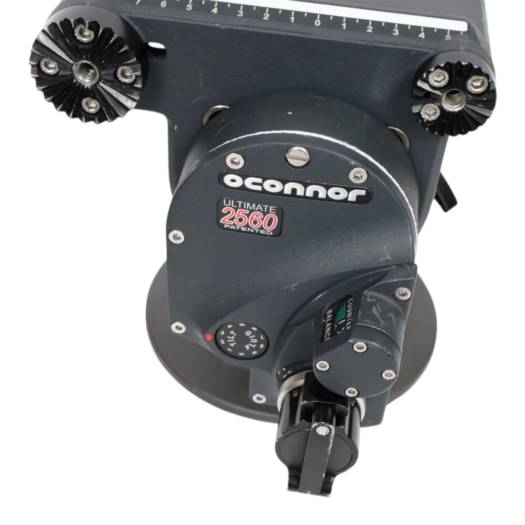 O'Connor 2560 Fluid Head serial no. C1260-2003, with accessories to include pan handle, MOY/Mitchell base plate and tie-down, 150mm bowl adapter and tie-down, quick release base plate and Arri 300mm bottom plate, in custom cut flight case 