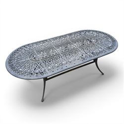 Painted aluminium rectangular garden table and five chairs, with loose seat cushions