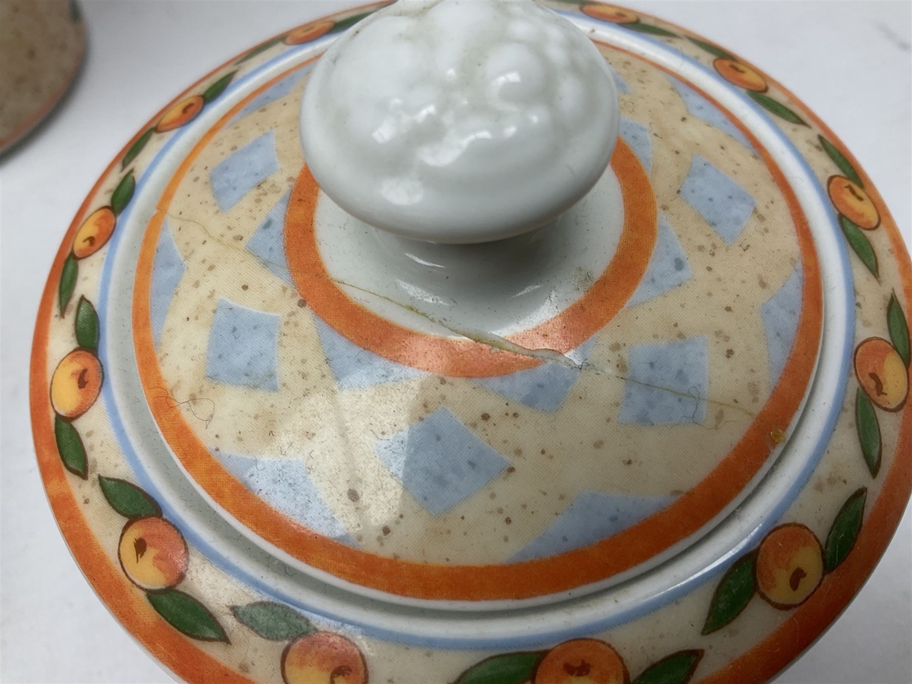 Villeroy & Boch Gallo design Switch 4 Naranja & Nazare pattern tea and dinner wares, to include seven dinner plates, twin handled lidded tureen, five mugs, four saucers, jug, lidded sucrier, large bowl,  seven ramekins, various side plates, two bowls etc