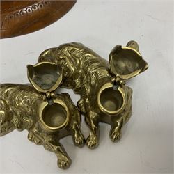 Indian turkey knife block and two brass inkwells in the form of recumbent dogs