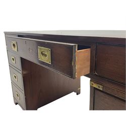Bevan Funnell Reprodux - Military style mahogany twin pedestal desk, rectangular top with leather inset, fitted with eight drawers, on bracket feet