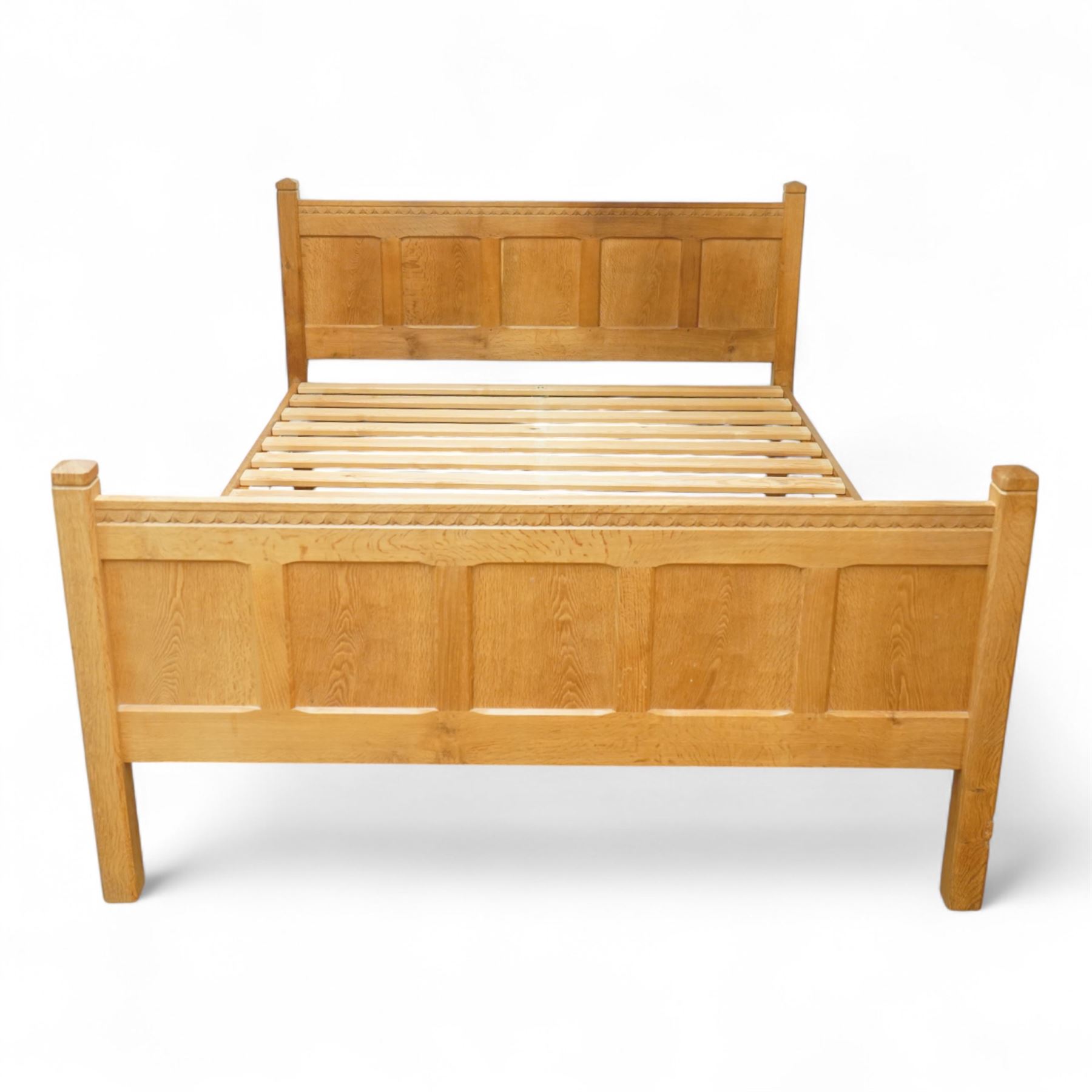 Beaverman - Yorkshire oak 5' double bedstead, panelled headboard and footboard with carved chip and adzed decoration, square corner posts and slatted base by Colin Almack of Sutton near Thirsk