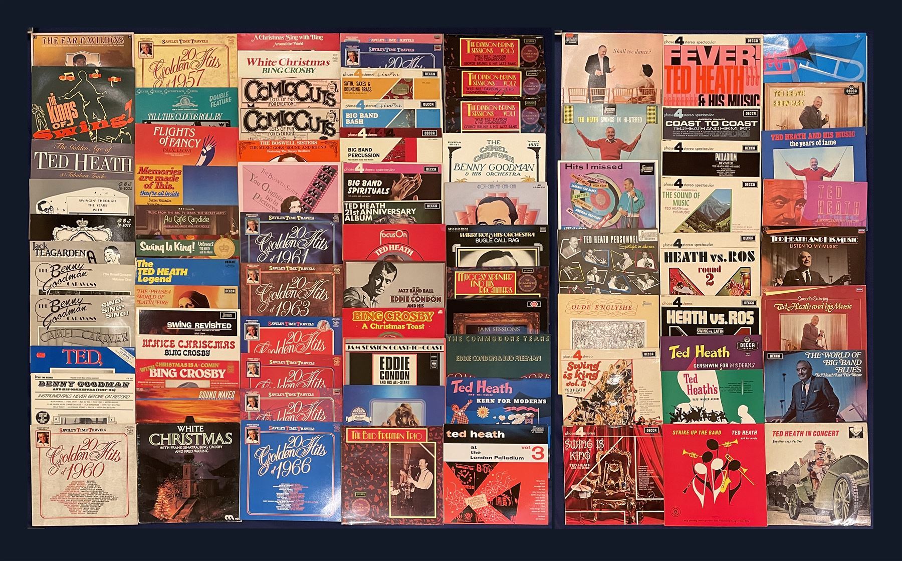 Large quantity of vinyl records including 'Nat King Cole Melody Mile', various other Nat King Cole, 'Magic Mandolins The Geoff Love Mandolins', 'The Best Of Peggy Lee' etc; 'Bing Crosby A Christmas Toast', 'At the Jazz Band Ball with Eddie Condon and his Orchestra', 'Anne Shelton I'll Be Seeing You' etc,  'The Very Best of Nat King Cole', 'Isn't it Heavenly Joe Loss and his Band 1933-1934', 'Sentimentally Yours Al Bowlly', 'Johnny Mercer Sings Johnny Mercer', 'Billy Cotton and his Band Somebody Stole My Gal' etc; 'Ray McKinley Class Of 49', 'The Boyd Raeburn Orchestra Experiments In Big Band Jazz 1945', 'The Golden Age Of Felix Mendelssohn's Hawaiian Serenaders', 'Scott Wood & His Six Swingers 1935:1936' etc, 'Van Phillips and His Band 1928-1934', 'Great British Dance Bands Play Jerome Kern 1926-46', 'The Golden Age of Noel Gay', 'Dancing The Night Away', 'Nat King Cole Thank You, Pretty Baby', 'Alice Faye In Hollywood (1934-1937)' etc,  'June Christy Recalls Those Kenton Day', 'Doris Day Whatever Will Be, Will Be', 'Keely Smith I wish you Love', 'Rosemary Clooney with orchestra arranged and conducted by Nelson Riddle', 'Zing! Ross Mitchell, His Band And Singers', 'The Glenn Miller Story' etc,  approximately 450