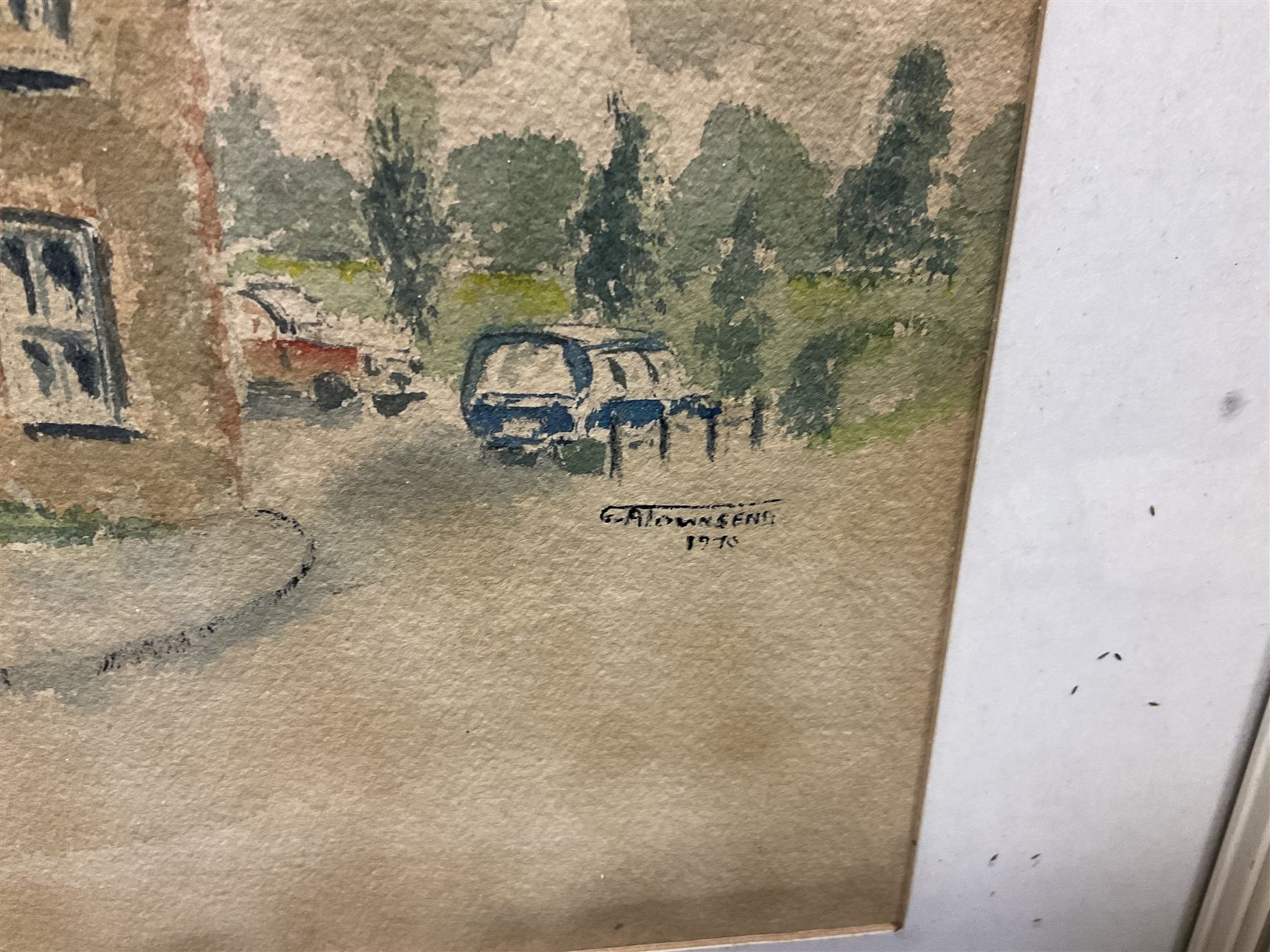 G A Townsend (British 20th century) 'The Trout Inn', watercolor signed and dated; M C W (British 20th century) The Wolds watercolor signed and dates, together with another watercolour and three landscape prints