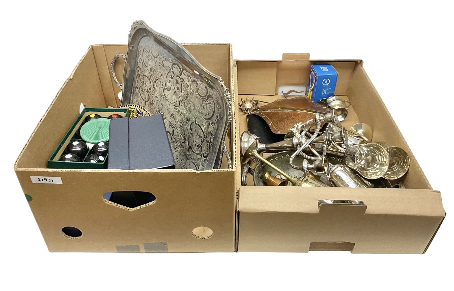 Boxed set of Banda carpet bowls, two boxed sets of Stuart glasses, Murano art glass bowl, cloisonné plate decorated with flowers upon gilt ground, silver plate and other metalware etc