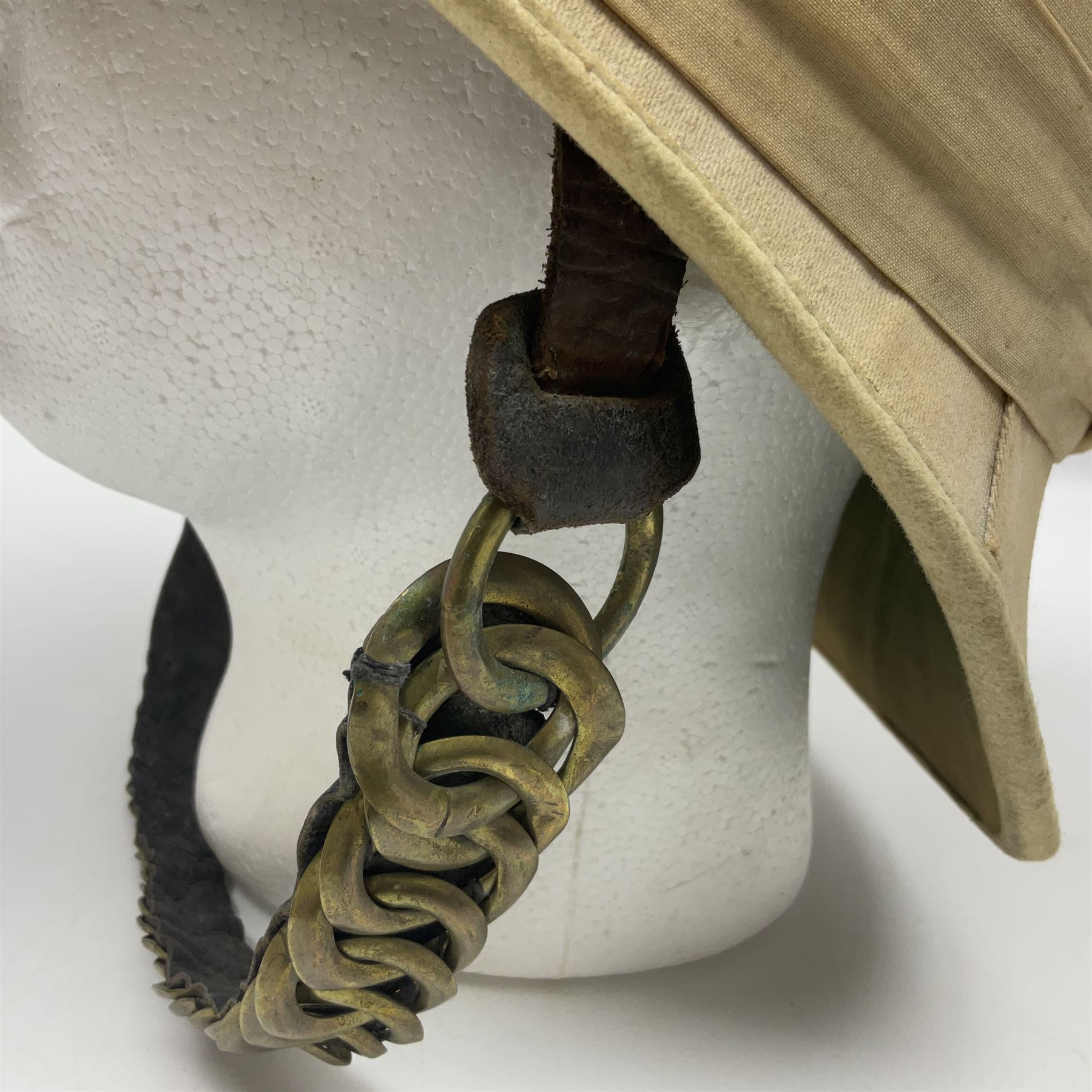 Victorian British tropical pith helmet with brass chain link chin strap