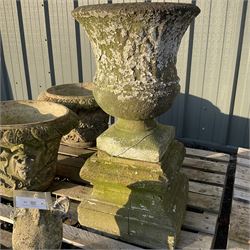 Cast stone animal with two garden urns decorated in grapes and faces with garden urn on plinth  - THIS LOT IS TO BE COLLECTED BY APPOINTMENT FROM DUGGLEBY STORAGE, GREAT HILL, EASTFIELD, SCARBOROUGH, YO11 3TX