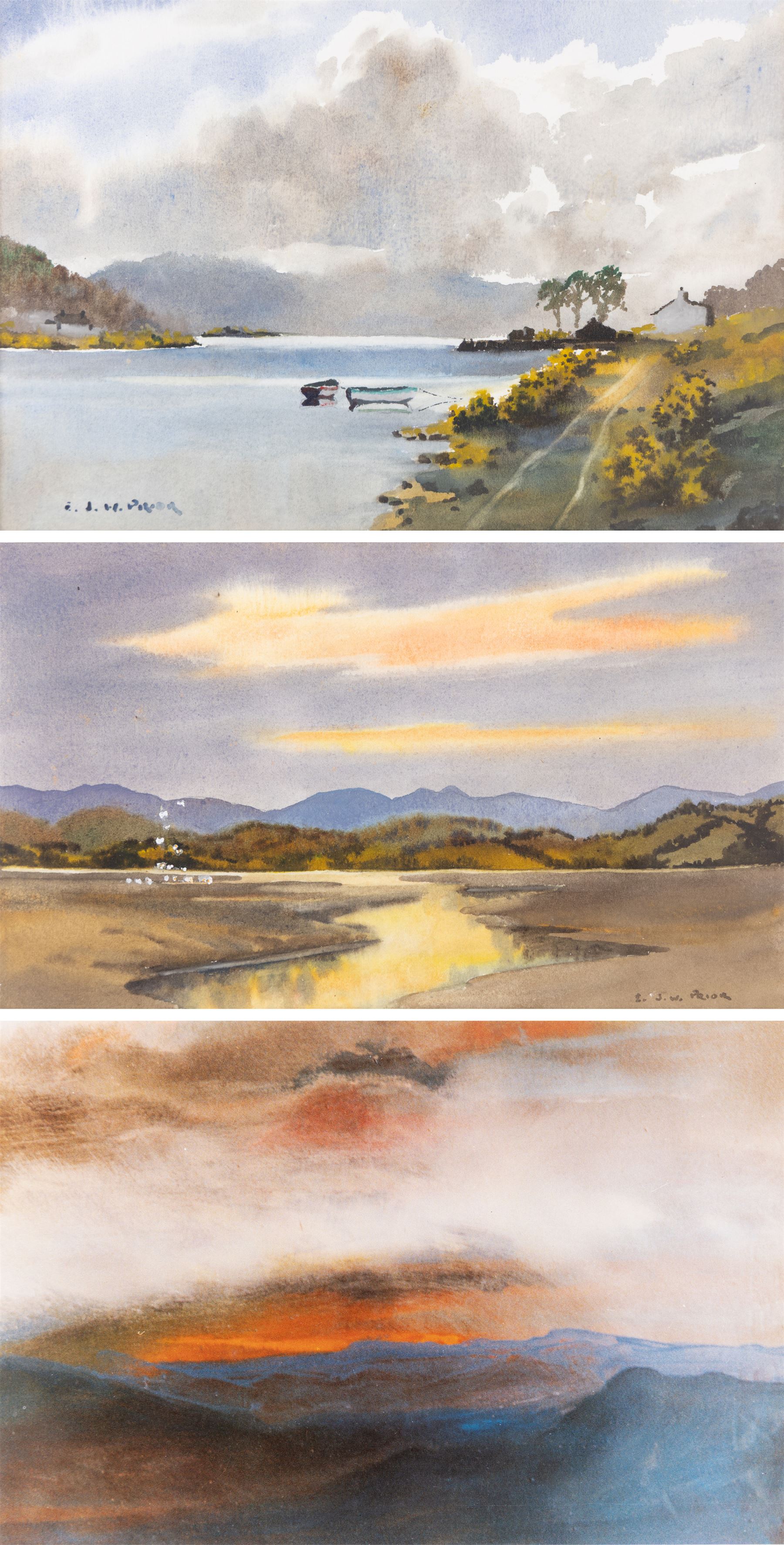 Ebenezer John Woods (Jack) Prior (British 1914-1988): 'The Estuary Near Arnside' and 'Flowerdale Bay -Gairloch Wester Ross', two watercolours signed, titled verso 18.5cm x 27.5cm; together with a signed print (3)