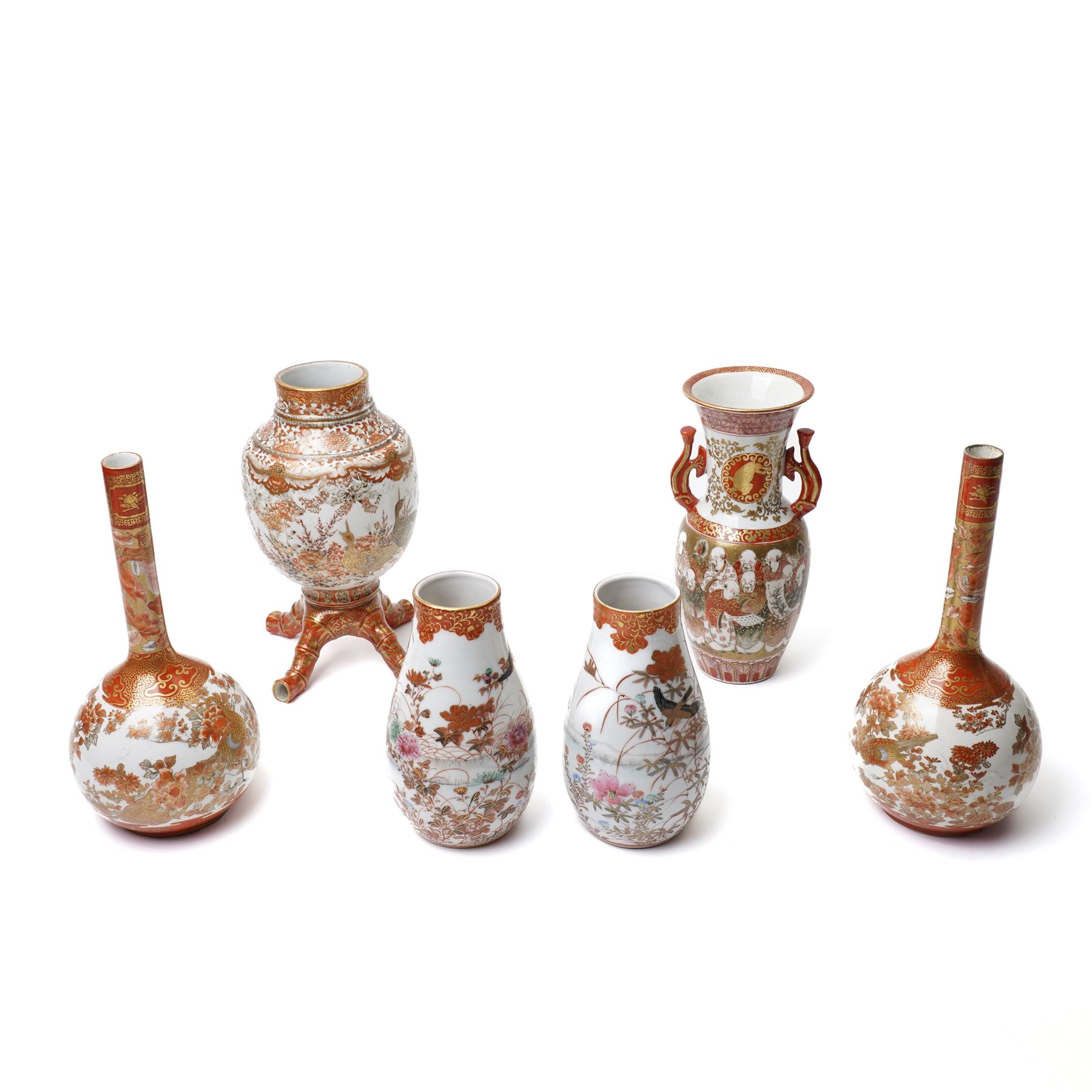 Collection of 19th century Japanese Kutani wares, including two pairs of vases, a twin handled vase painted with elder figures, and one other vase with imitation bamboo feet, painted with birds, largest H23cm (6)