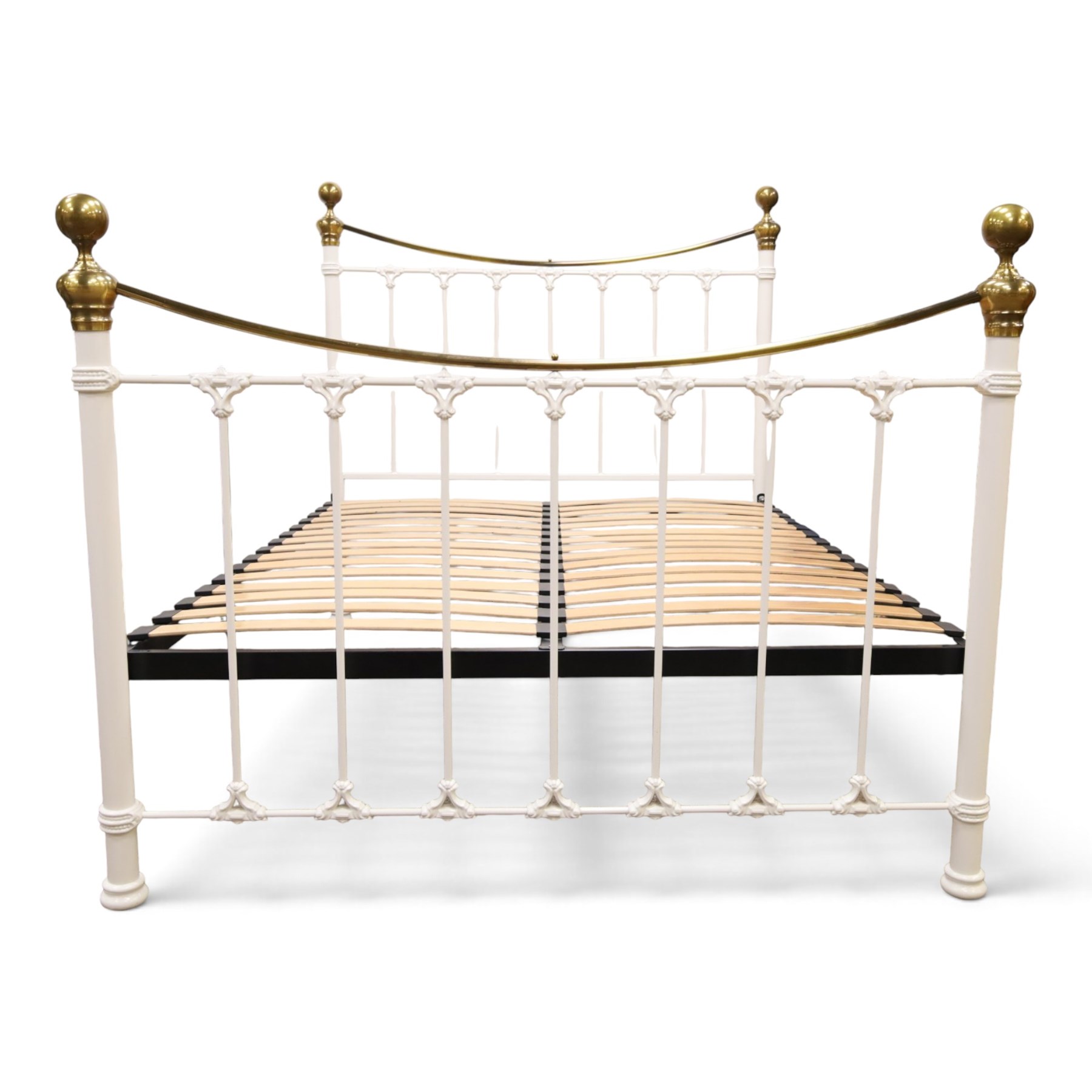 And So To Bed - Victorian design 'Juniper' brass and white painted double bed, the head and foot-boards with brass finials and curved cresting rails