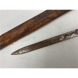 George V 1897 pattern Infantry officers sword, the 82cm single fullered blade with traces of etched detail and George V crown cipher, the ricasso marked Hawksworth Sheffield, pierced half basket hilt with George V cypher, wire-bound fish-skin grip with brass pommel and backstrap; in leather scabbard L102cm overall; together with two sectional gun cleaning rods; swagger stick made of leather strips etc