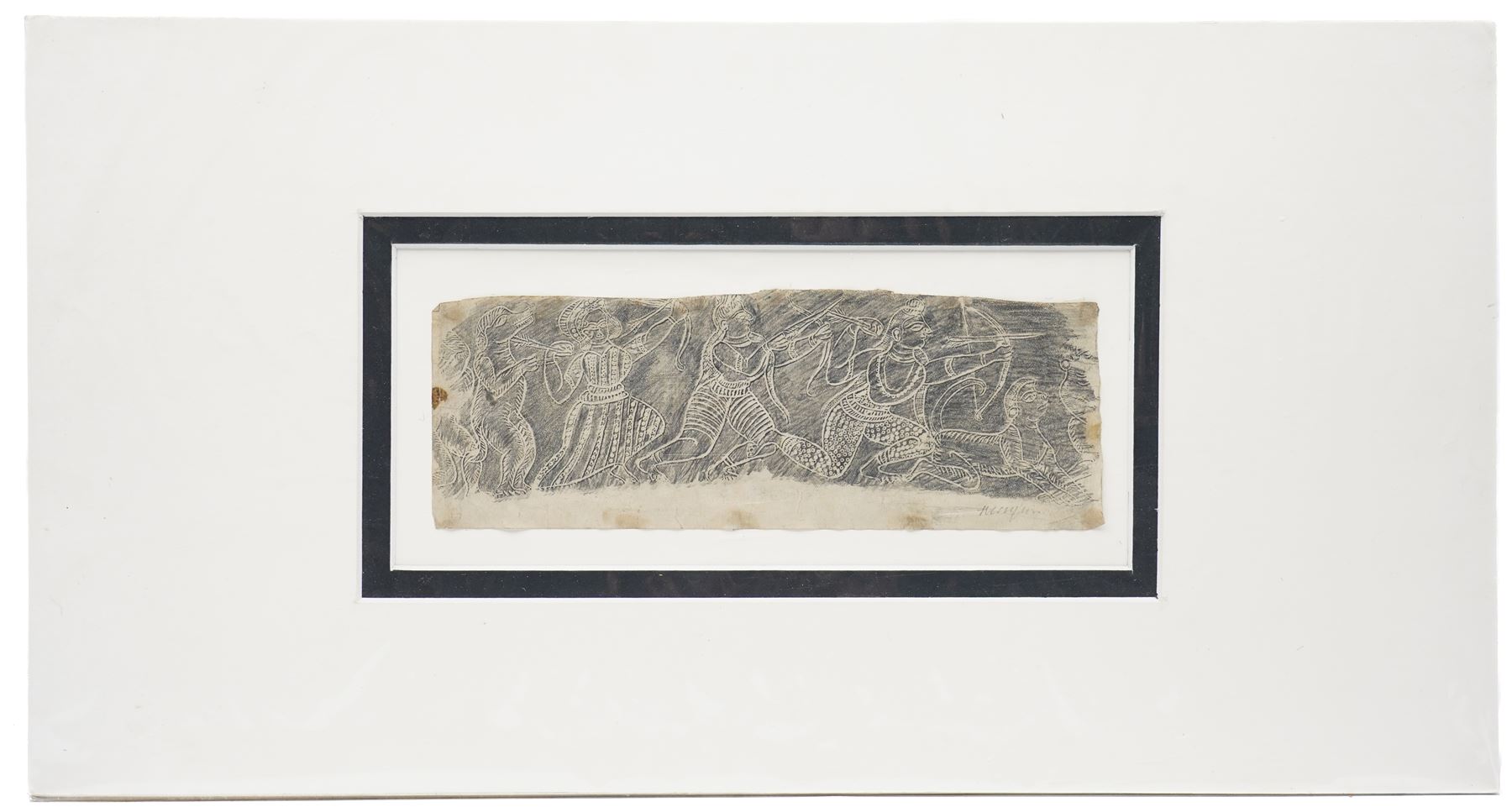 LTP Manjusri (Sri Lankan 1902-1982 - Columbo '43 Group): 'The Battle', pencil rubbing on paper signed in pencil 10cm x 27cm (unframed)
Notes: LTP Manjusri was a pioneering modern Sri Lankan artist and a founding member of the Colombo ’43 Group, known for works that integrate Buddhist themes with modern techniques across paintings, murals, and etchings.