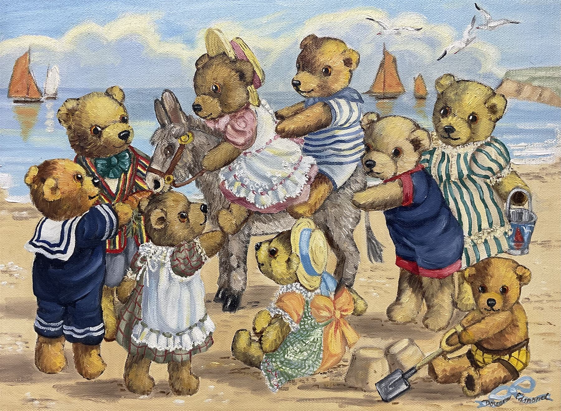 Doreen Edmond (British 20th century): Teddy Bears at the Seaside, oil on canvas signed 30cm x 40cm 
