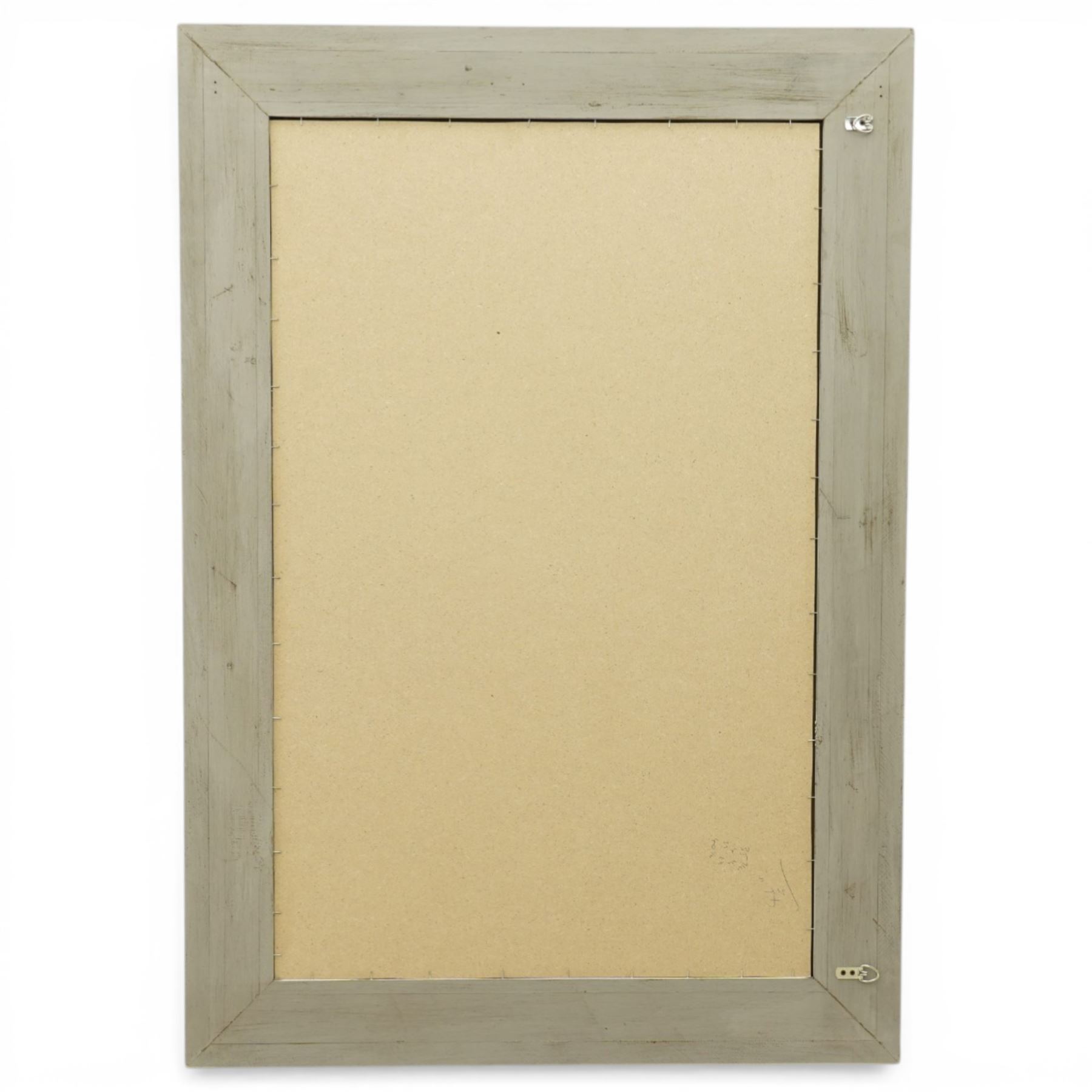 Modern neoclassical style wall mirror, rectangular plate with faux foxed and distressed finish, within a moulded frame decorated with repeating acanthus leaf blocks and beaded inner slip