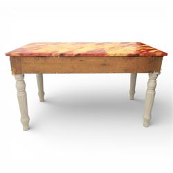 19th century style pine console table, with rectangular simulated marble top over a painted frieze, raised on fluted and turned tapering legs