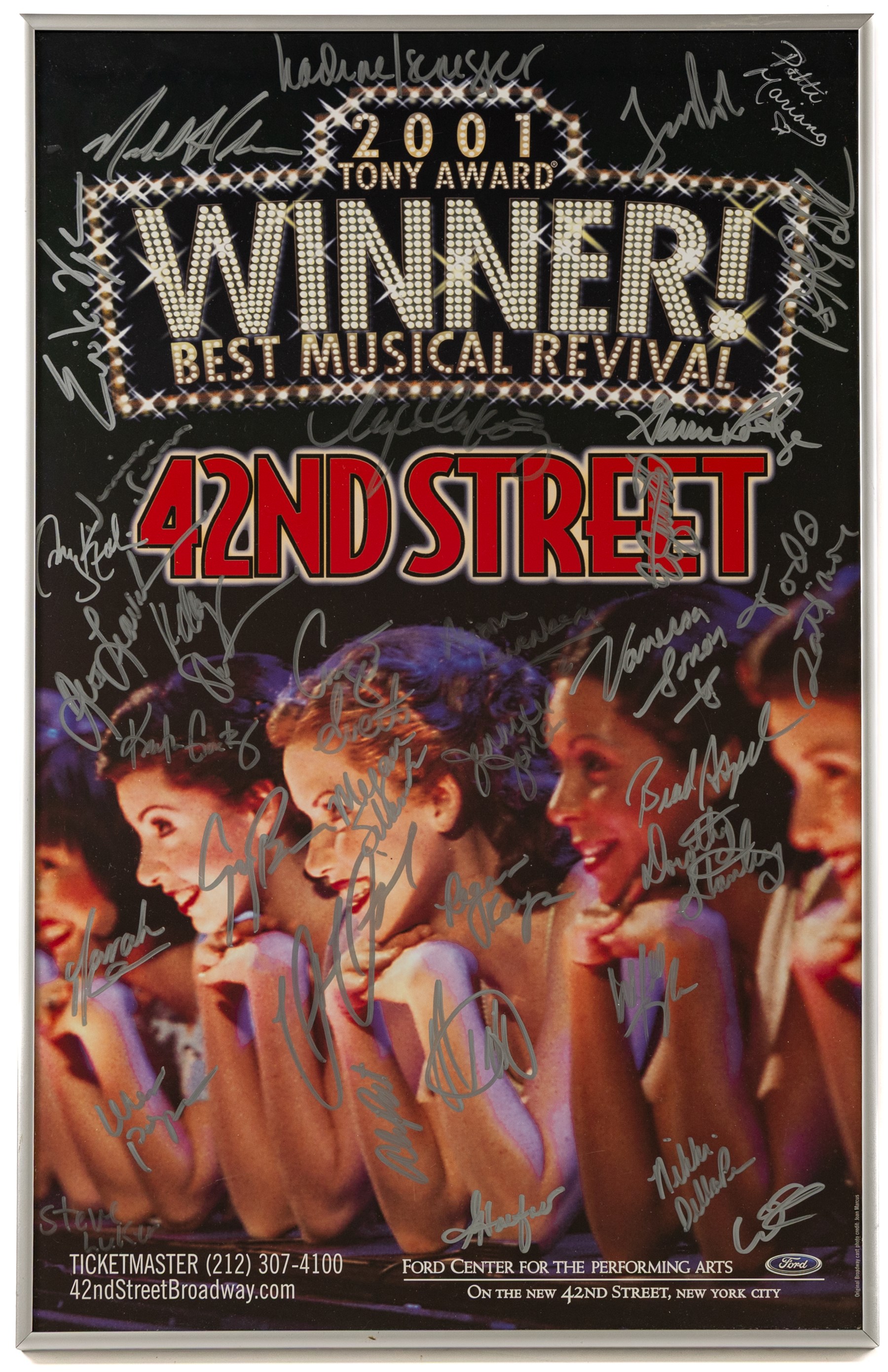 42nd Street Broadway theatre poster, circa 2001-2005, advertising the Tony Award Winning Broadway revival at the Ford Centre, New York, bearing multiple cast signatures in silver marker, framed, H55cm