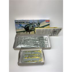 Nine assorted plastic model kits by various makers including Airfix 1/144th scale Concorde, Revell British S.E. bi-plane, Horizon Tyrannosaurus Rex, Tomy Zoids, Matchbox Sea Harrier, Italeri Harrier Falkland and three aircraft by Academy; all boxed, most in factory sealed transparent packaging (9)