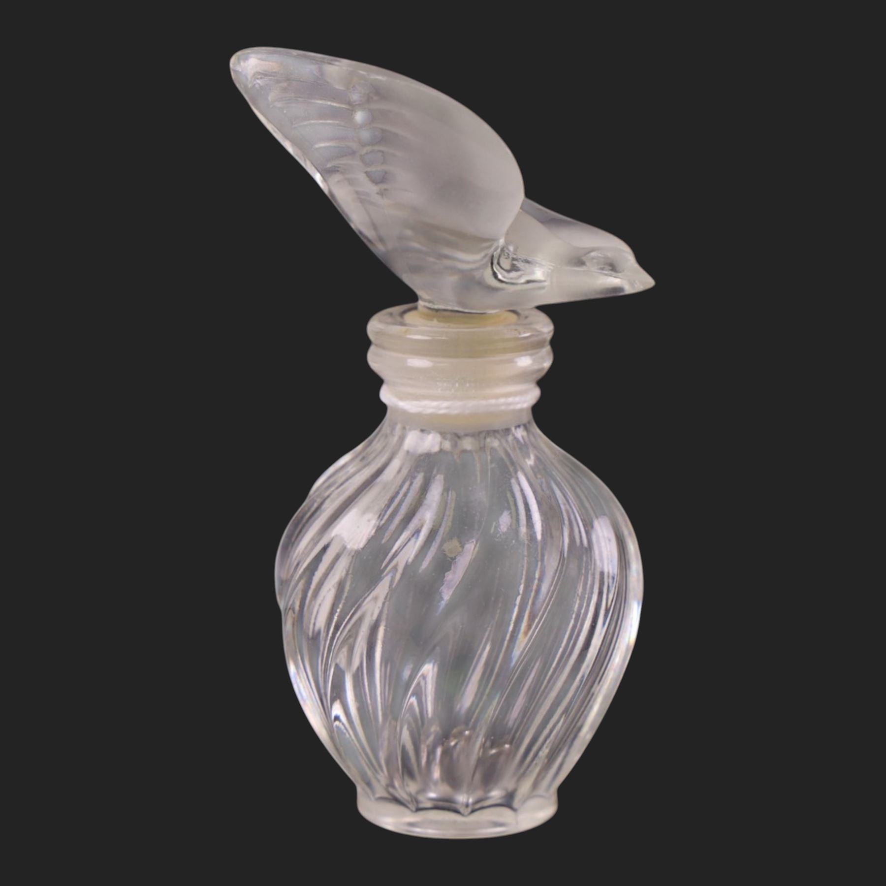 Lalique glass pin dish, with a frosted bird to the center, together with two Lalique scent bottles, pin dish H8cm