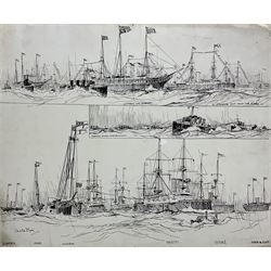 Charles Edward Dixon (British 1872-1934): Shipping studies, pen and ink on card with 'Reynold's Bristolboard' blindstamp signed and titled 32cm x 39cm; 'The Procession entering Portsmouth Harbour', pen and ink on paper signed with monogram, dated Nov 4/01 verso 20cm x 32cm (unframed) (2)