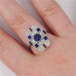 Platinum sapphire and diamond panel ring, milgrain set with round and calibre cut sapphires and round cut diamonds, stamped Pt 950, total sapphire weight 0.87 carat, total diamond weight 0.46 carat