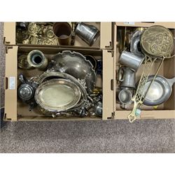 Large collection of metalware, to include decanters, teapots and fireside tools, in five boxes