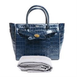Mulberry - Belted Bayswater with Zip handbag in Midnight Croc embossed leather, the structured body with twin rolled top handles, detachable and adjustable shoulder strap, gold-tone Postman’s Lock fastening, belted front detail and zip closure, burgundy suede interior, with original dust bag