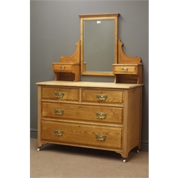  Early 20th century dressing chest, raised mirror back, flanked by two trinket drawers above two short and two long drawers, stile supports on castorts, W107cm, H154cm, D50cm,  