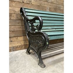 Early 20th century slatted garden bench with scrolling cast iron bench ends