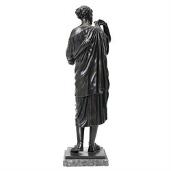 After the Antique - Grand Tour patinated bronze figure of a Vestal Virgin, the maiden standing in contrapposto, draped in classical robes and pinning her chiton at the shoulder and chest, on a square marble base stamped to rear, circa 1900, W15cm H47cm