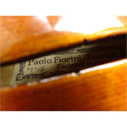  1920's violin by Beare & Son, with 36cm single piece maple back and ribs and spruce top, bears label 'Paulo Fiorini Taurini Faciebat anno 1925 B & S L 16', L59.5cm, in unrelated carrying case with bow and related paperwork  
